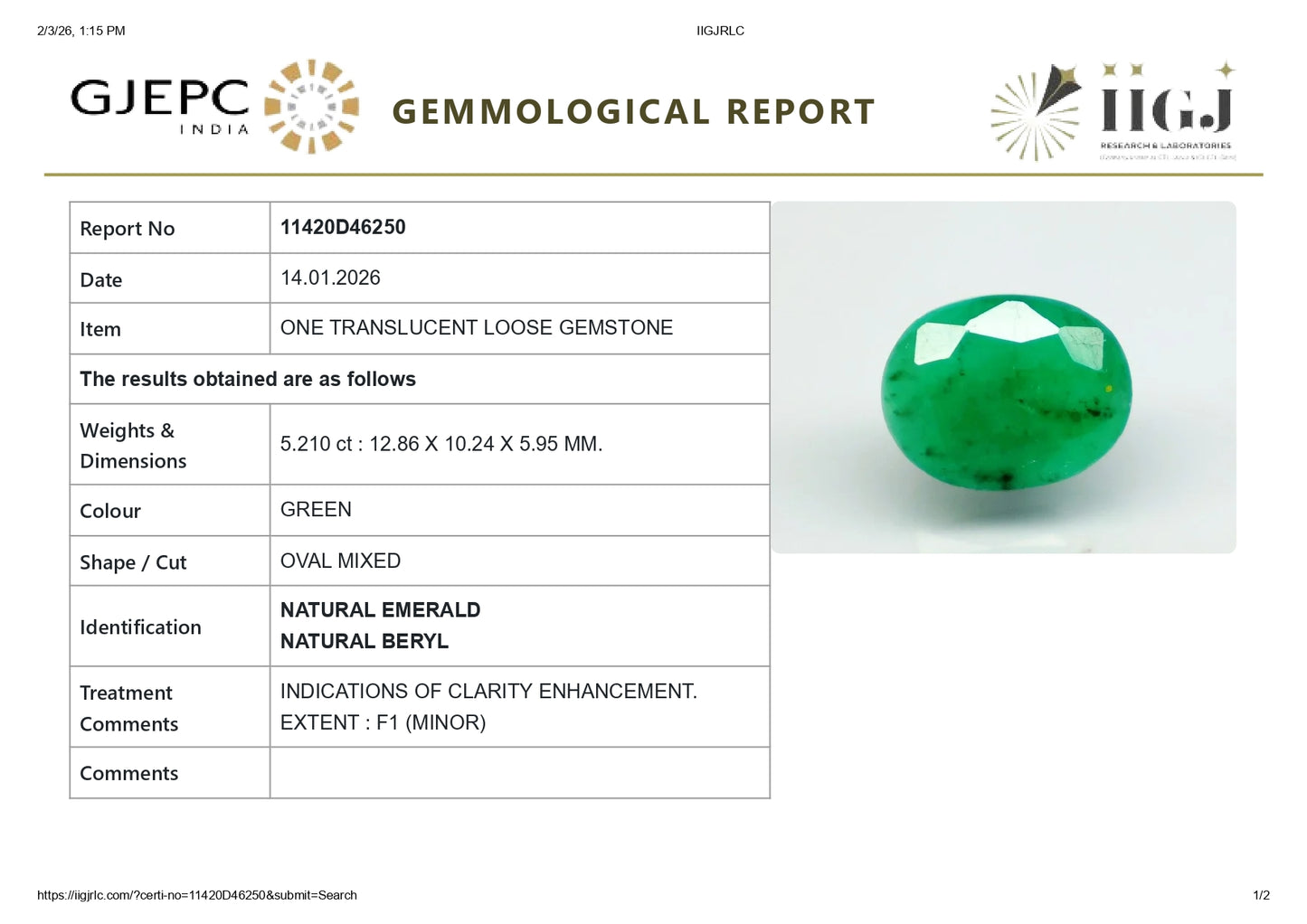 Natural Zambian Emerald (Panna) 5.21 Carats