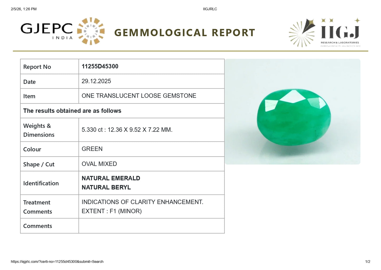 Natural Zambian Emerald (Panna) 5.33 Carats