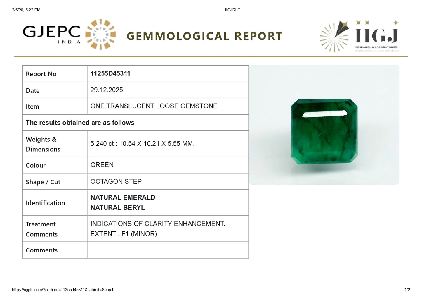Natural Zambian Emerald (Panna) 5.24 Carats