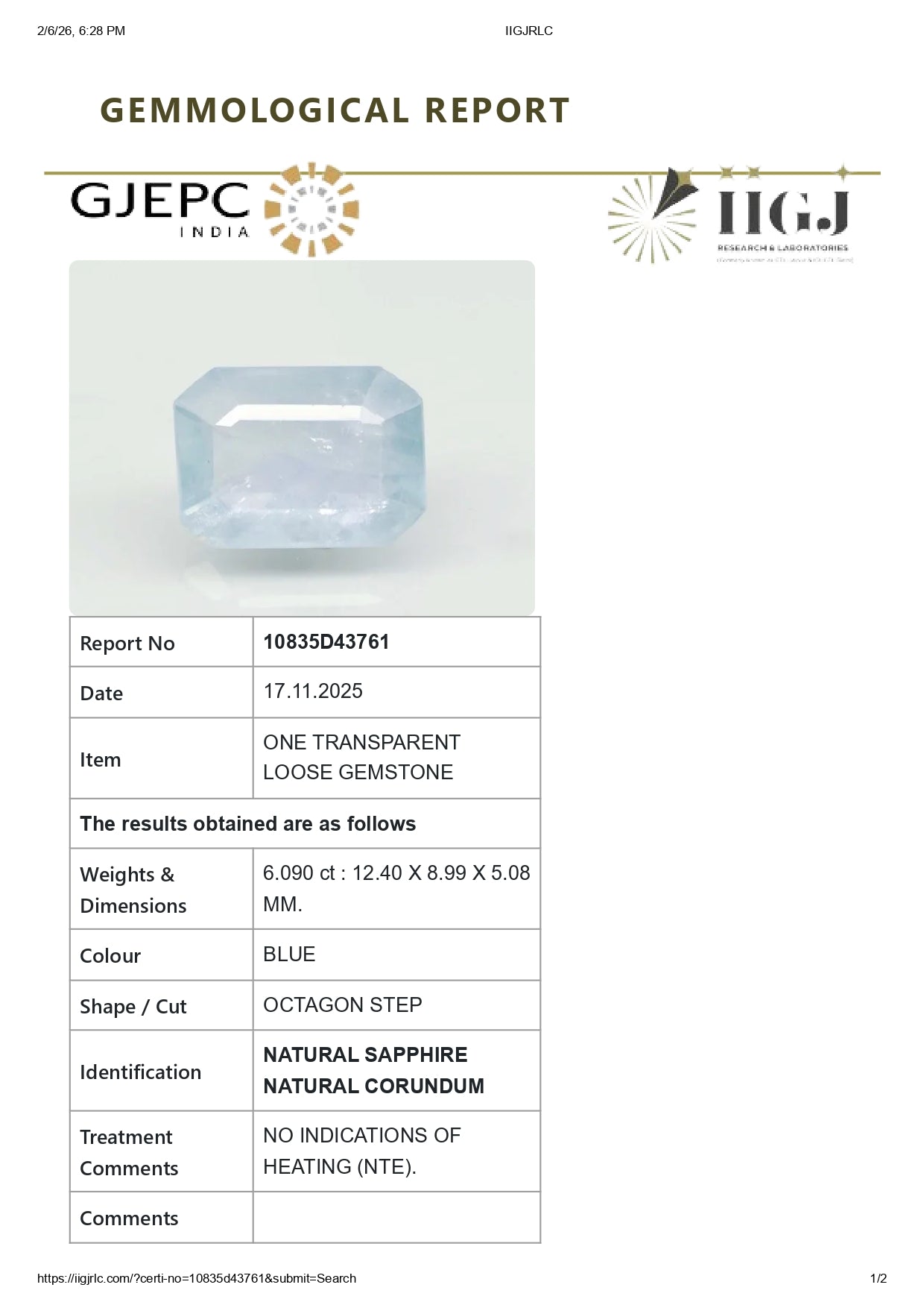 Natural Blue Sapphire (Neelam) 6.09 Carats