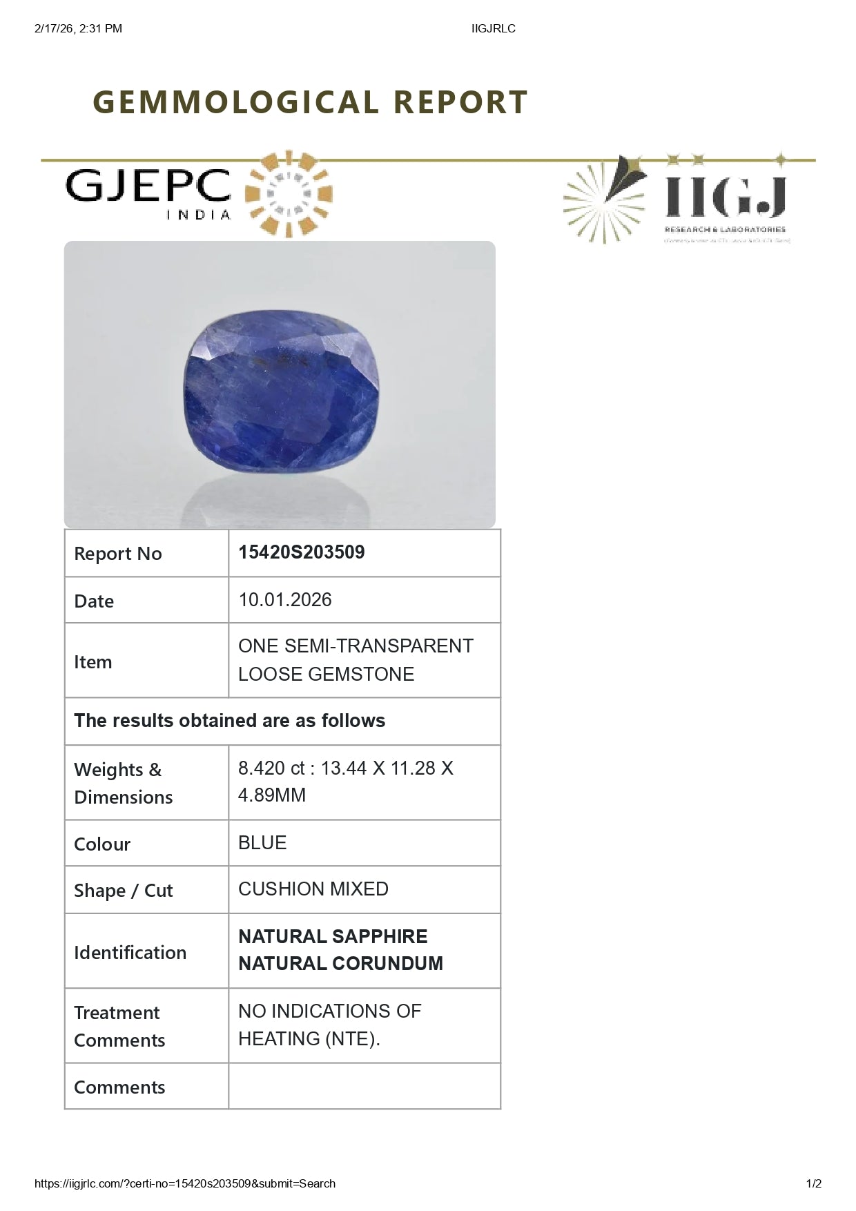 Natural Blue Sapphire (Neelam) 8.42 Carats