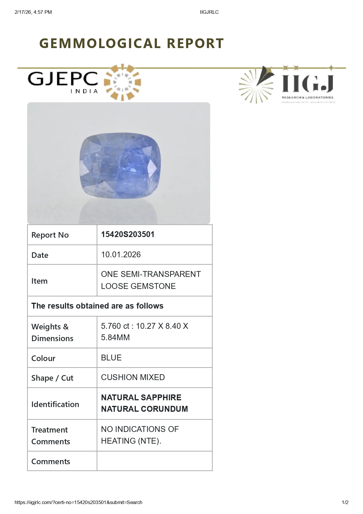 Natural Blue Sapphire (Neelam) 5.76 Carats