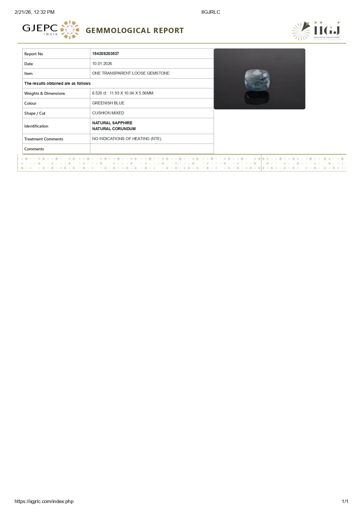 Natural Blue Sapphire (Neelam) 6.52 Carats