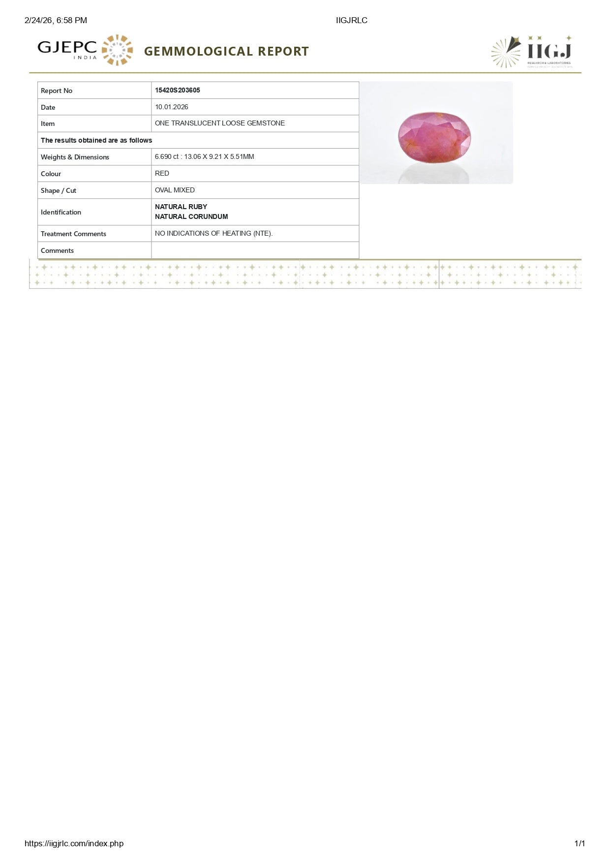 Natural Ruby (Manik) 6.69 Carats