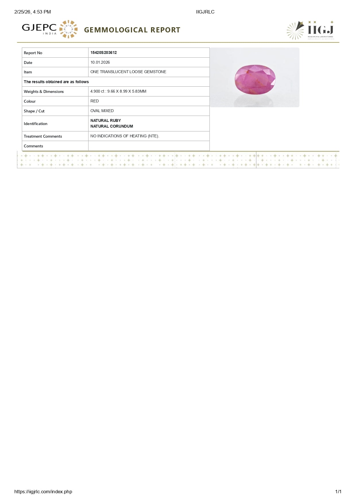 Natural Ruby (Manik) 4.90 Carats