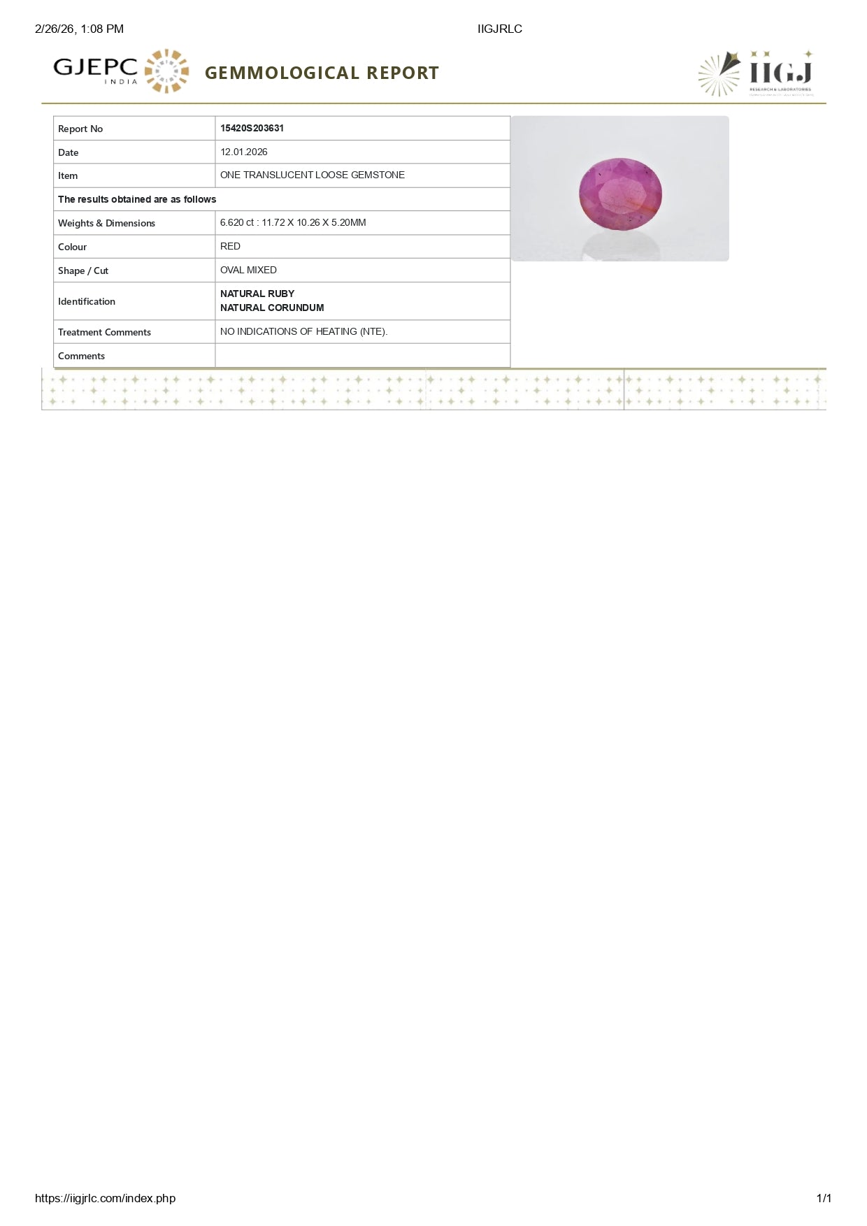 Natural African Ruby (Manik) 6.62 Carats