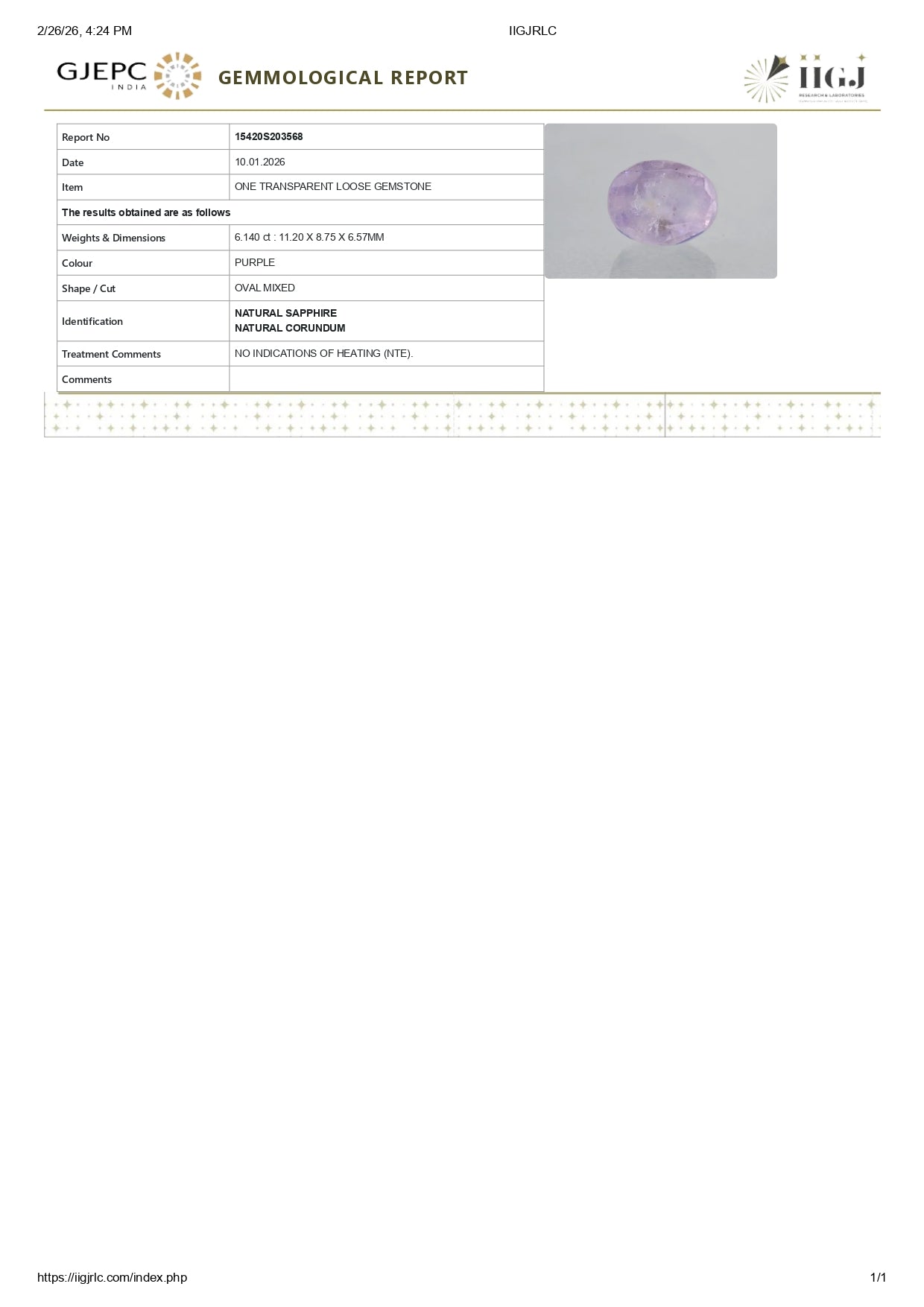 Natural Purple Sapphire 6.14 Carats