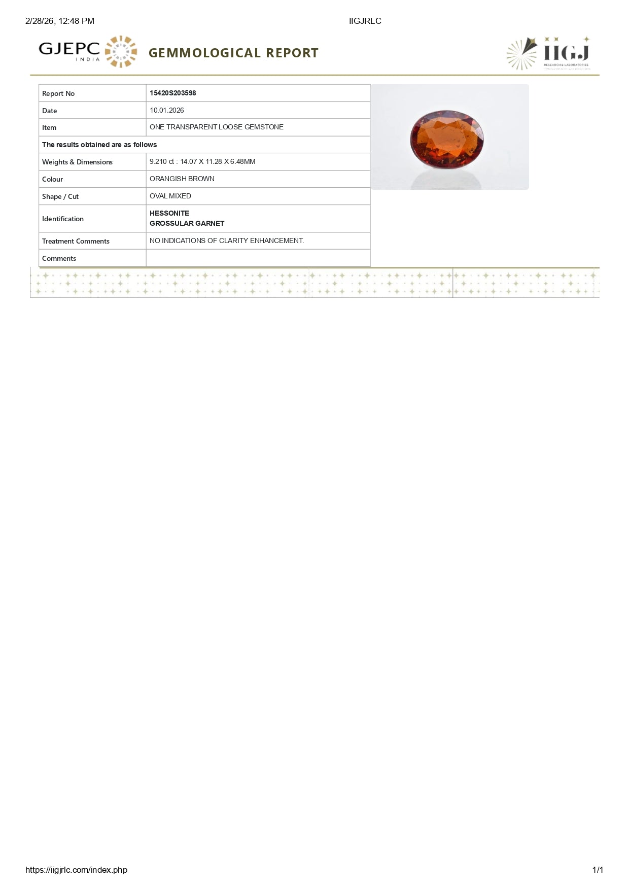 Natural Hessonite (Gomed) 9.21 Carats