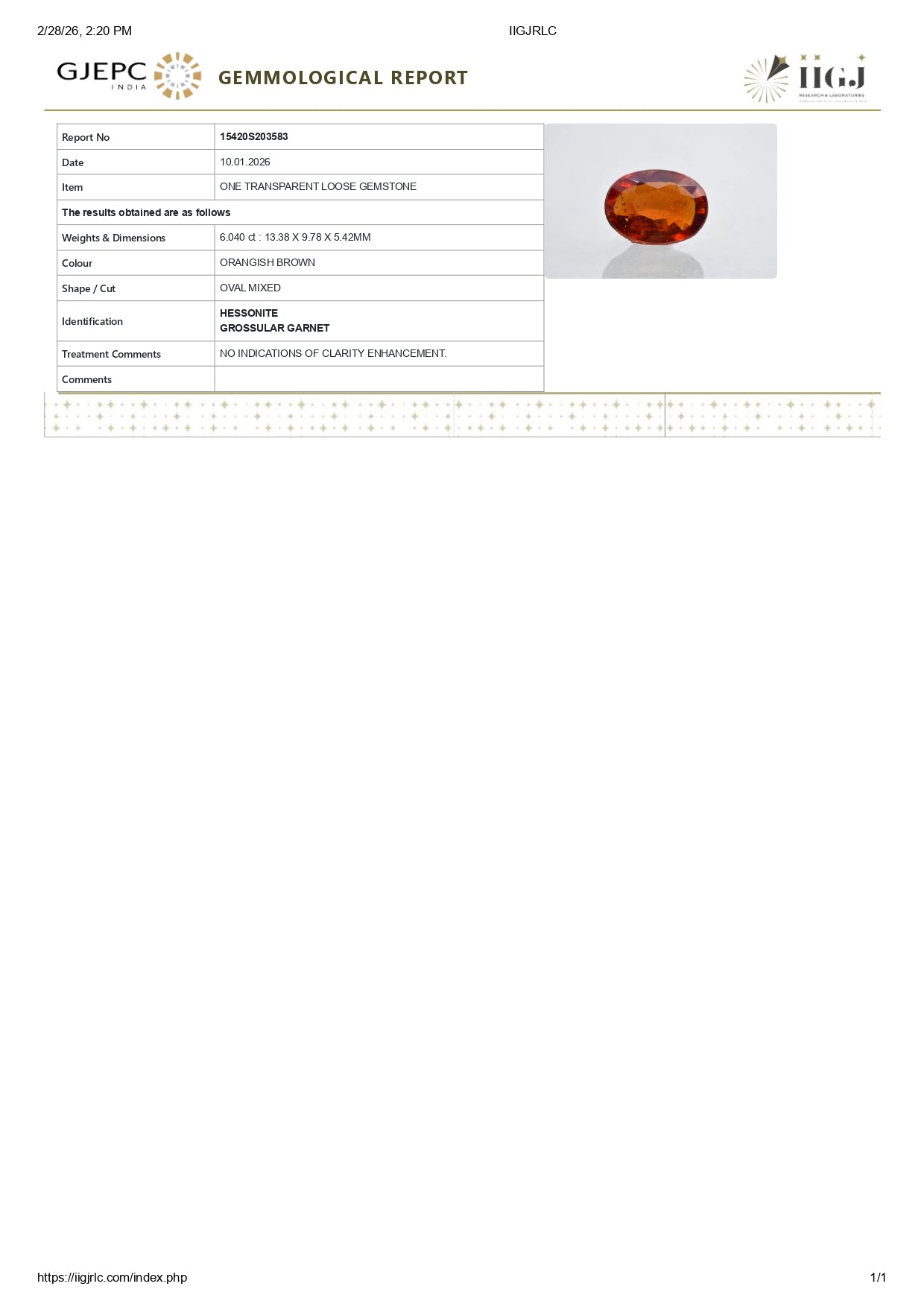 Natural Sri-Lankan Hessonite (Gomed) 6.04 Carats