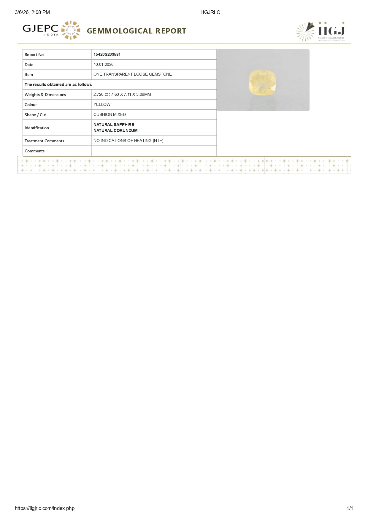 Natural Yellow Sapphire (Pukhraj) 2.72 Carats