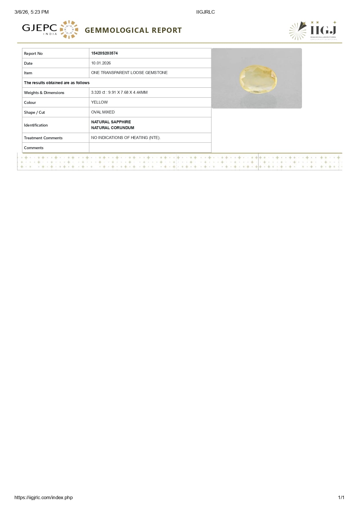 Natural Yellow Sapphire (Pukhraj) 3.32 Carats