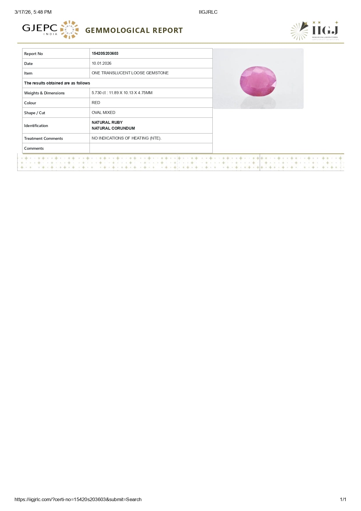 Natural African Ruby (Manik) 5.73 Carats