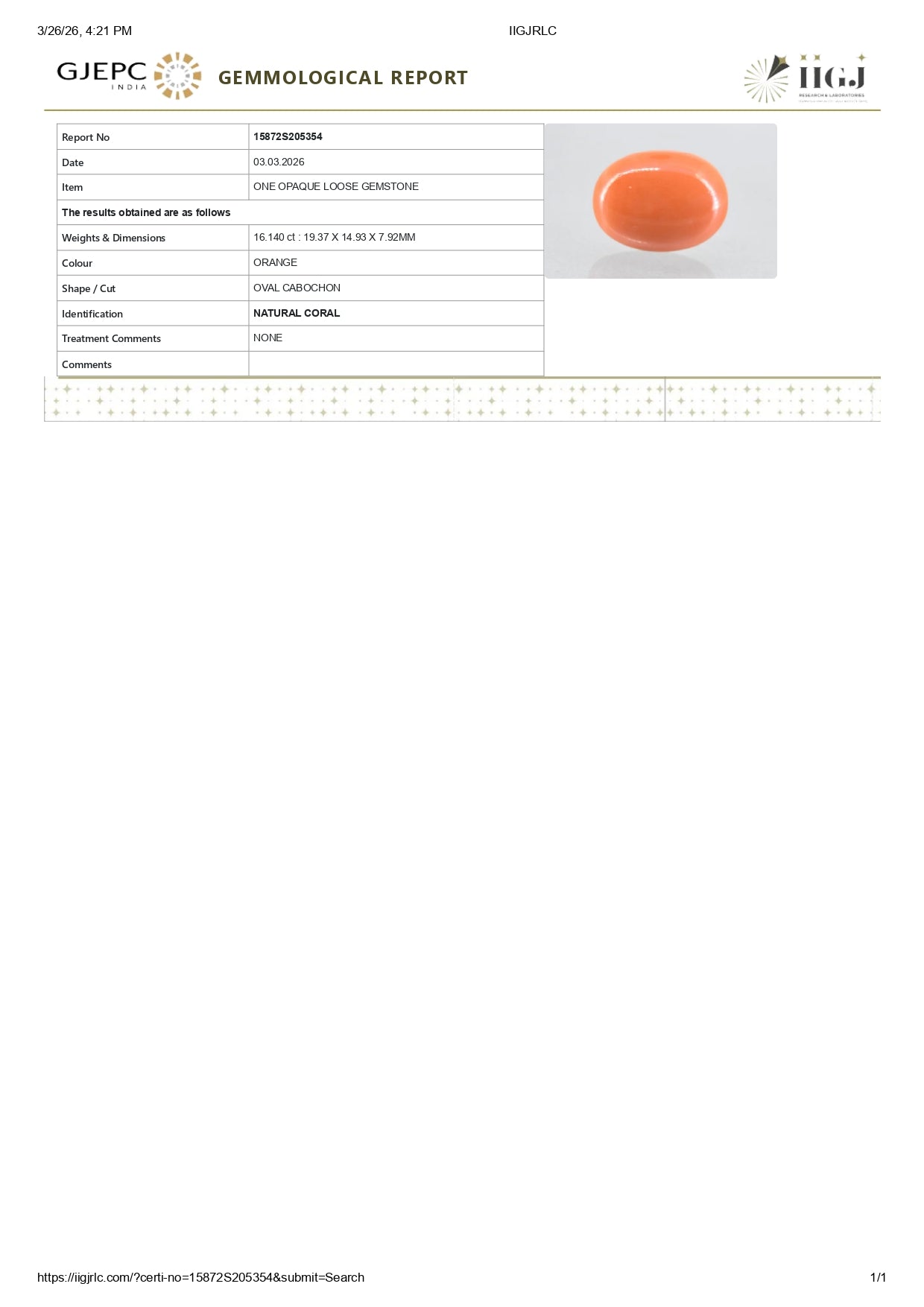 Japanese Red Coral (Moonga) 16.14 Carats