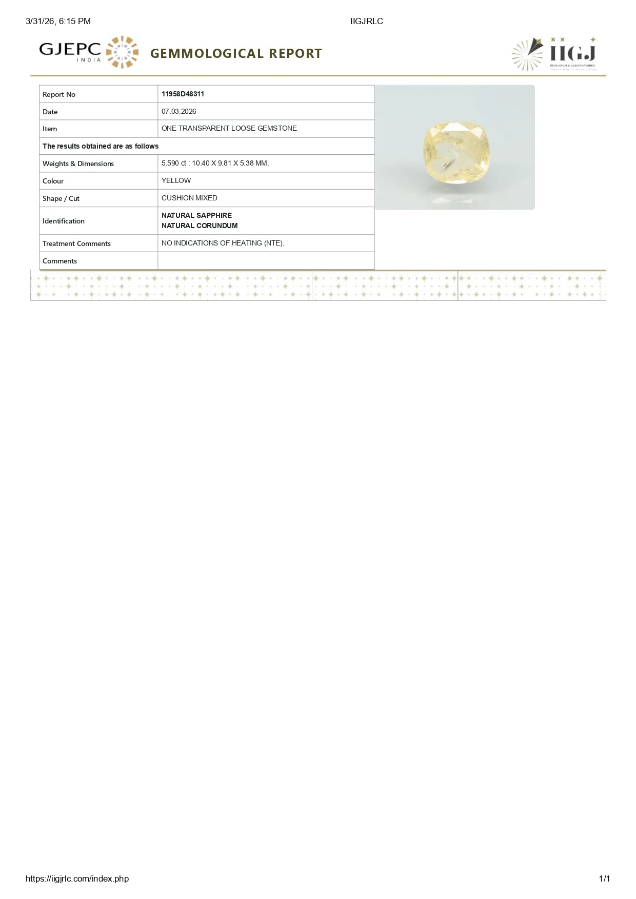 Natural Yellow Sapphire (Pukhraj) 5.59 Carats