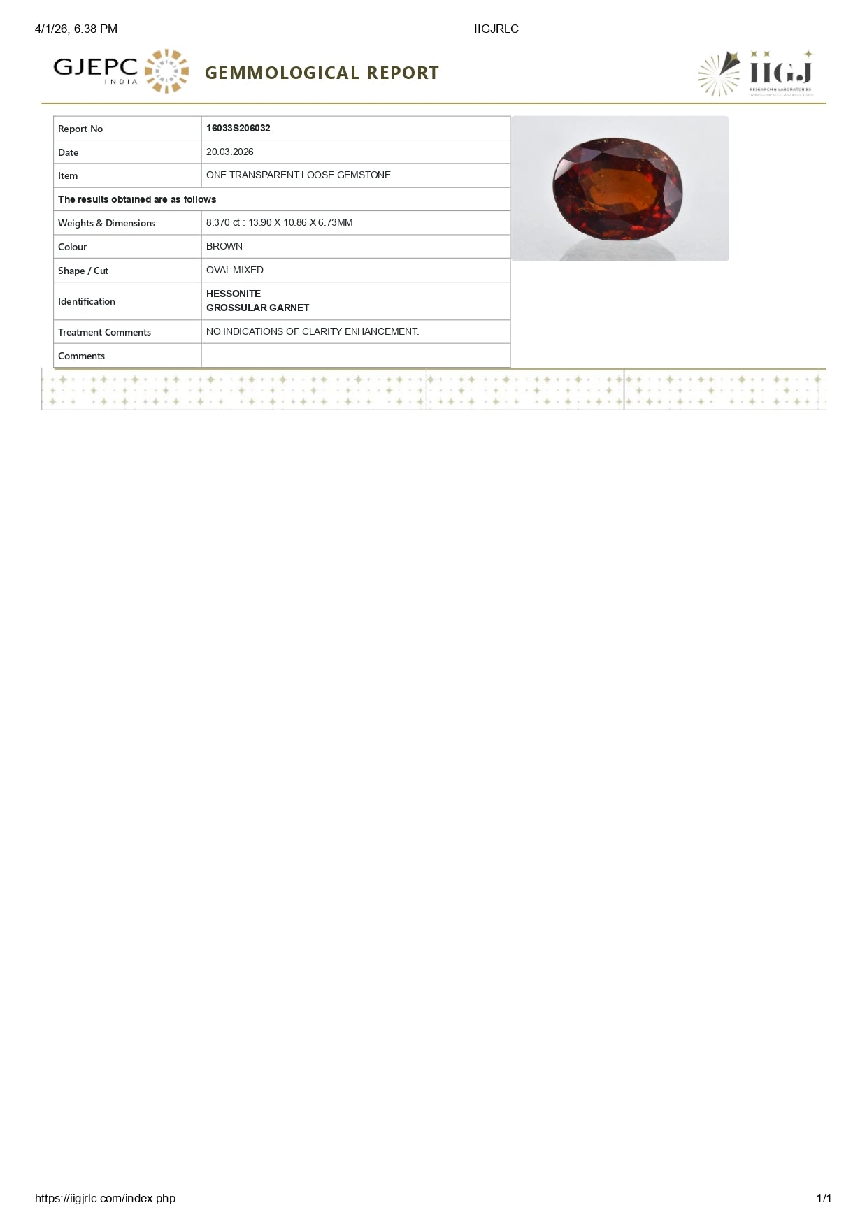 Natural Sri-Lankan Hessonite (Gomed) 8.37 Carats