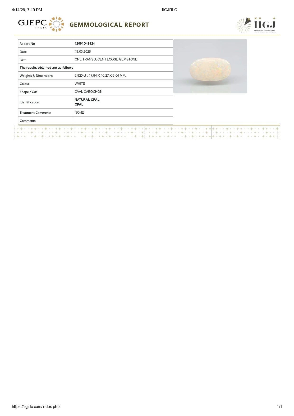 Natural Australian White Fire Opal 3.82 Carats