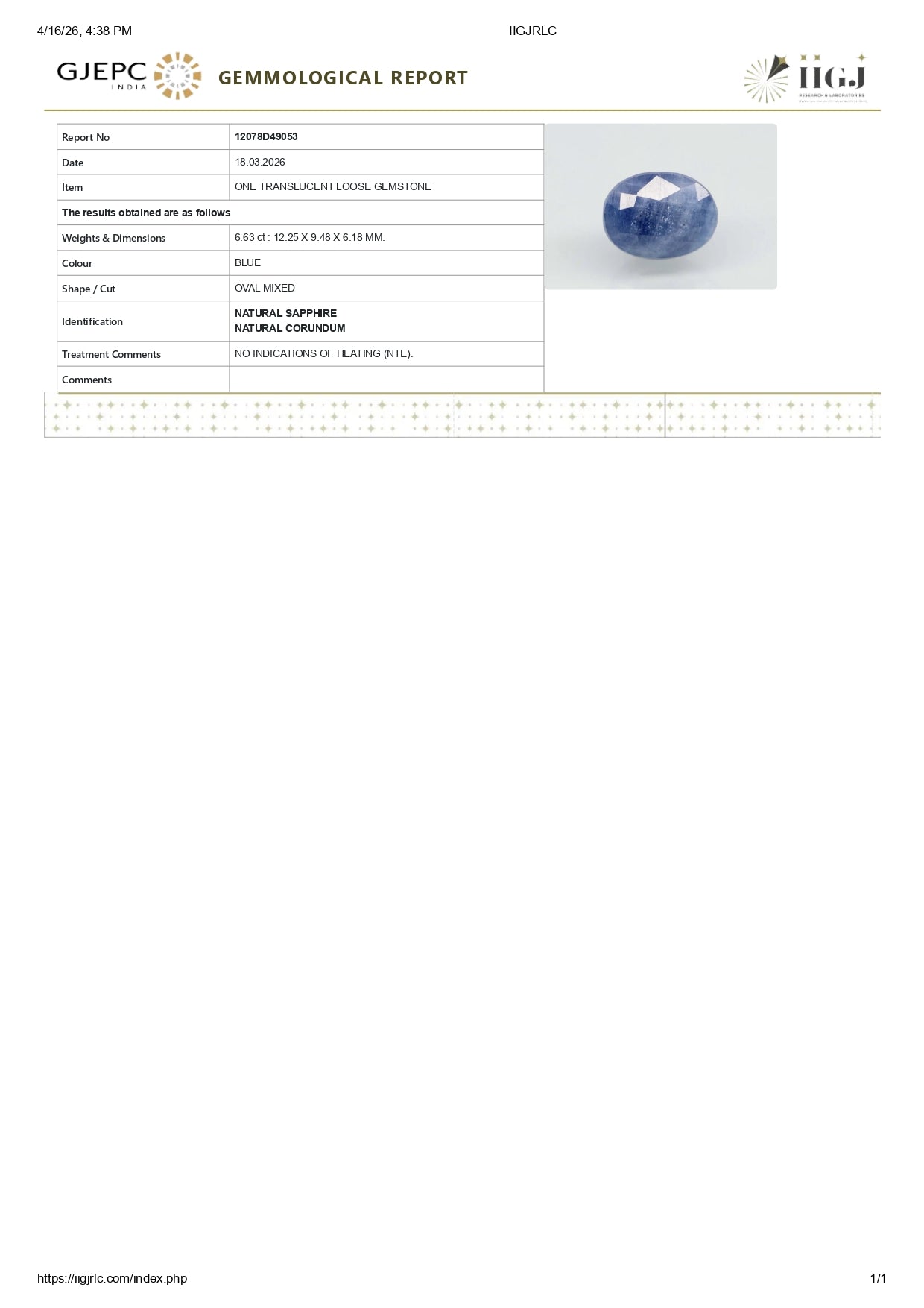 Natural Blue Sapphire (Neelam) 6.63 Carats