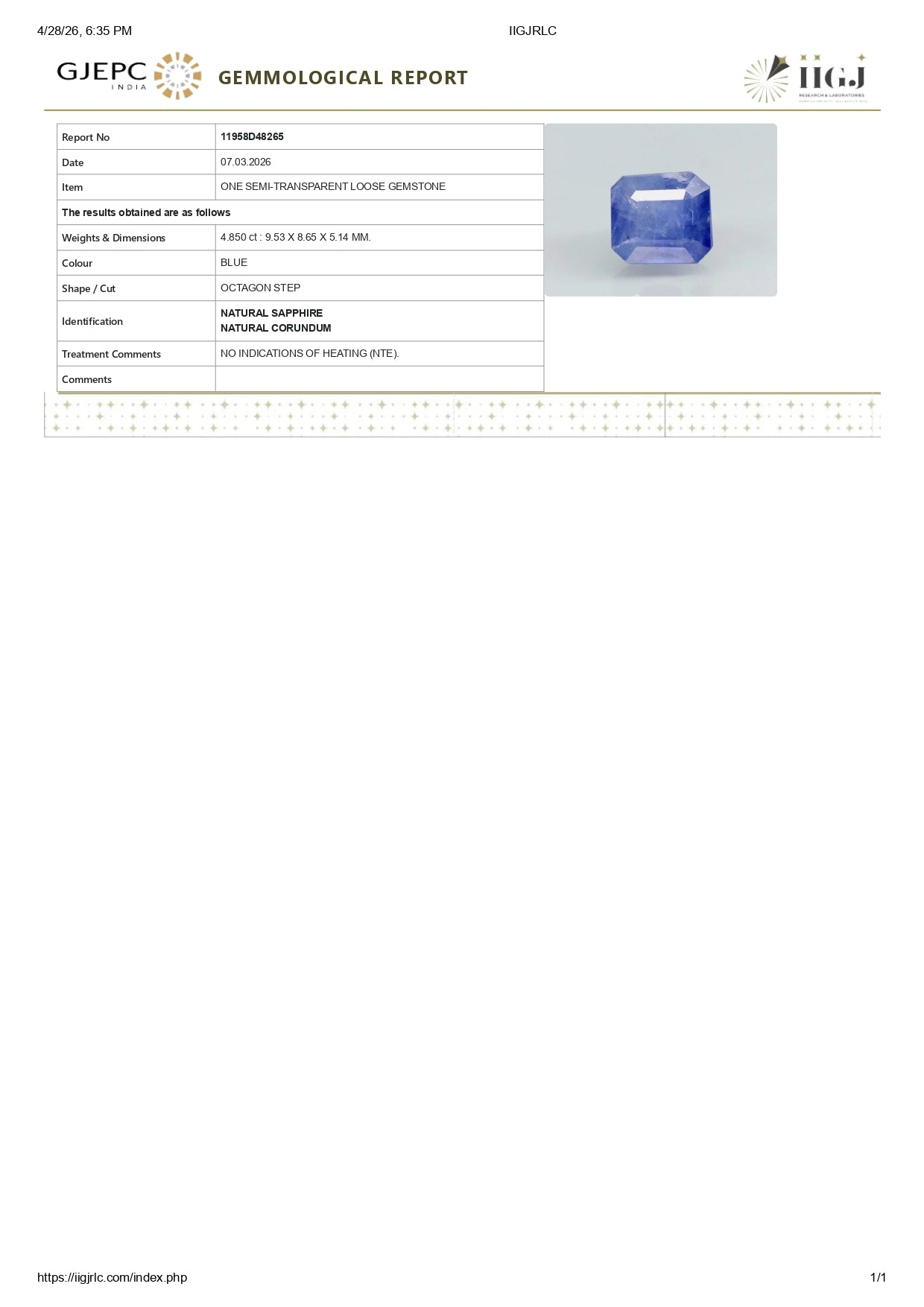 Natural Blue Sapphire (Neelam) 4.85 Carats