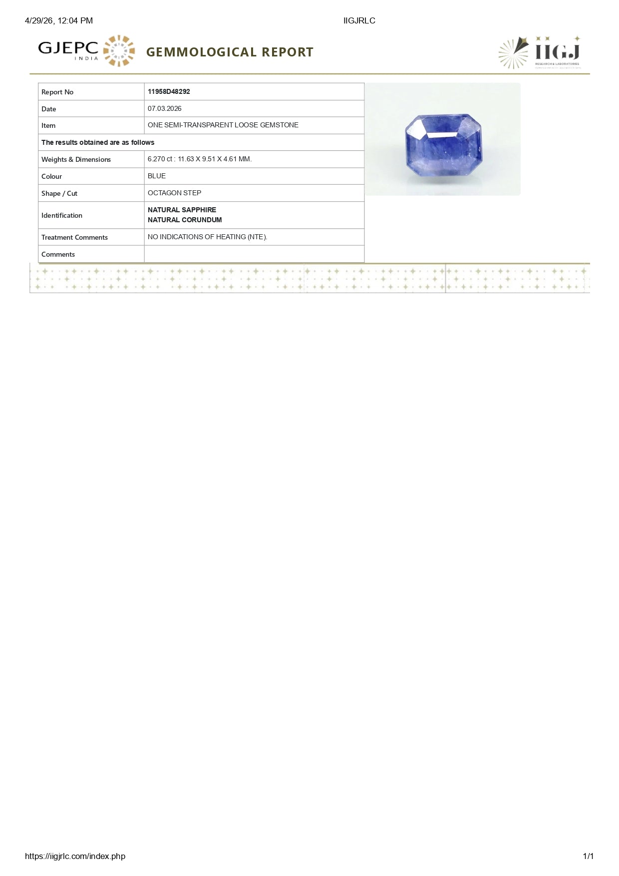 Natural Blue Sapphire (Neelam) 6.27 Carats