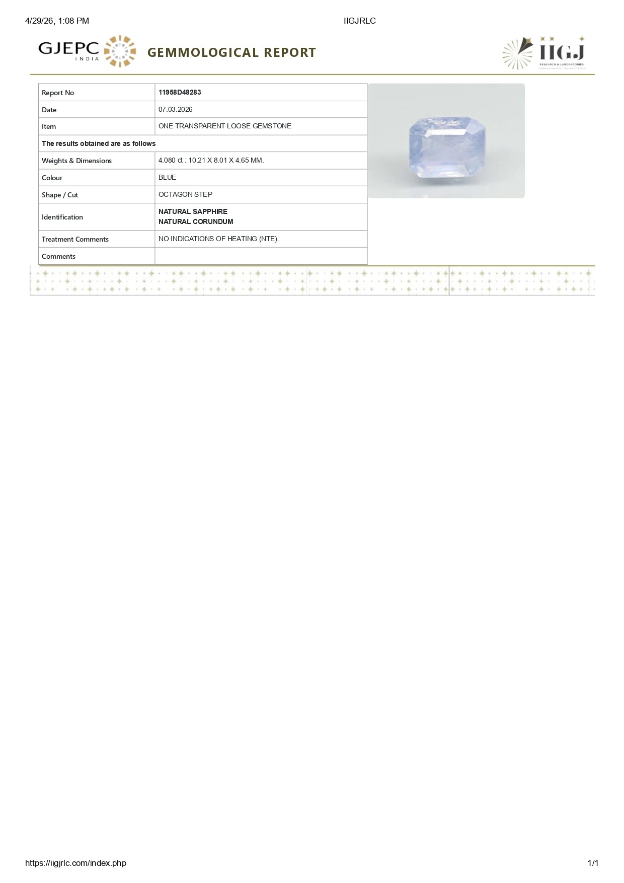 Natural Blue Sapphire (Neelam) 4.08 Carats