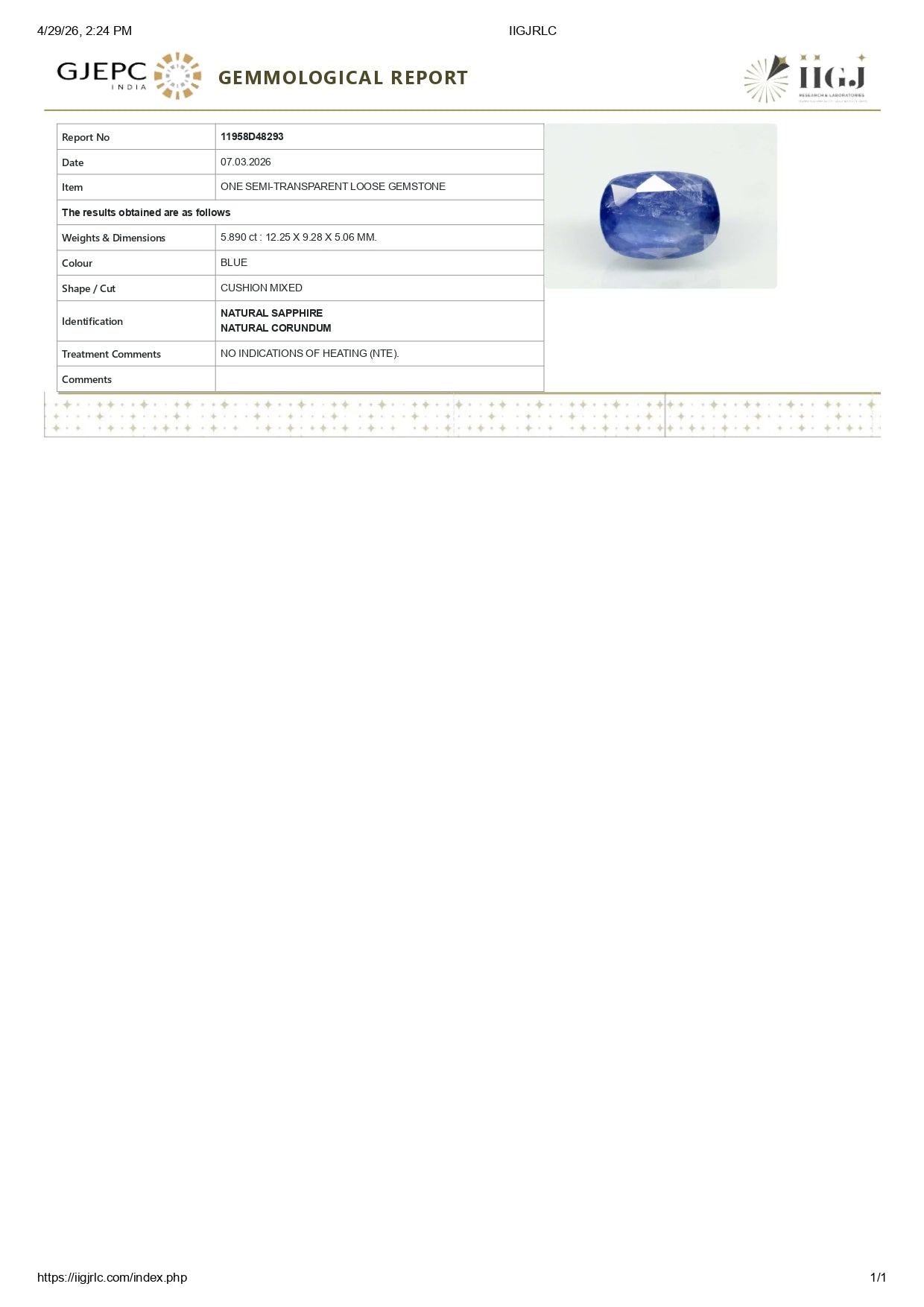 Natural Blue Sapphire (Neelam) 5.89 Carats