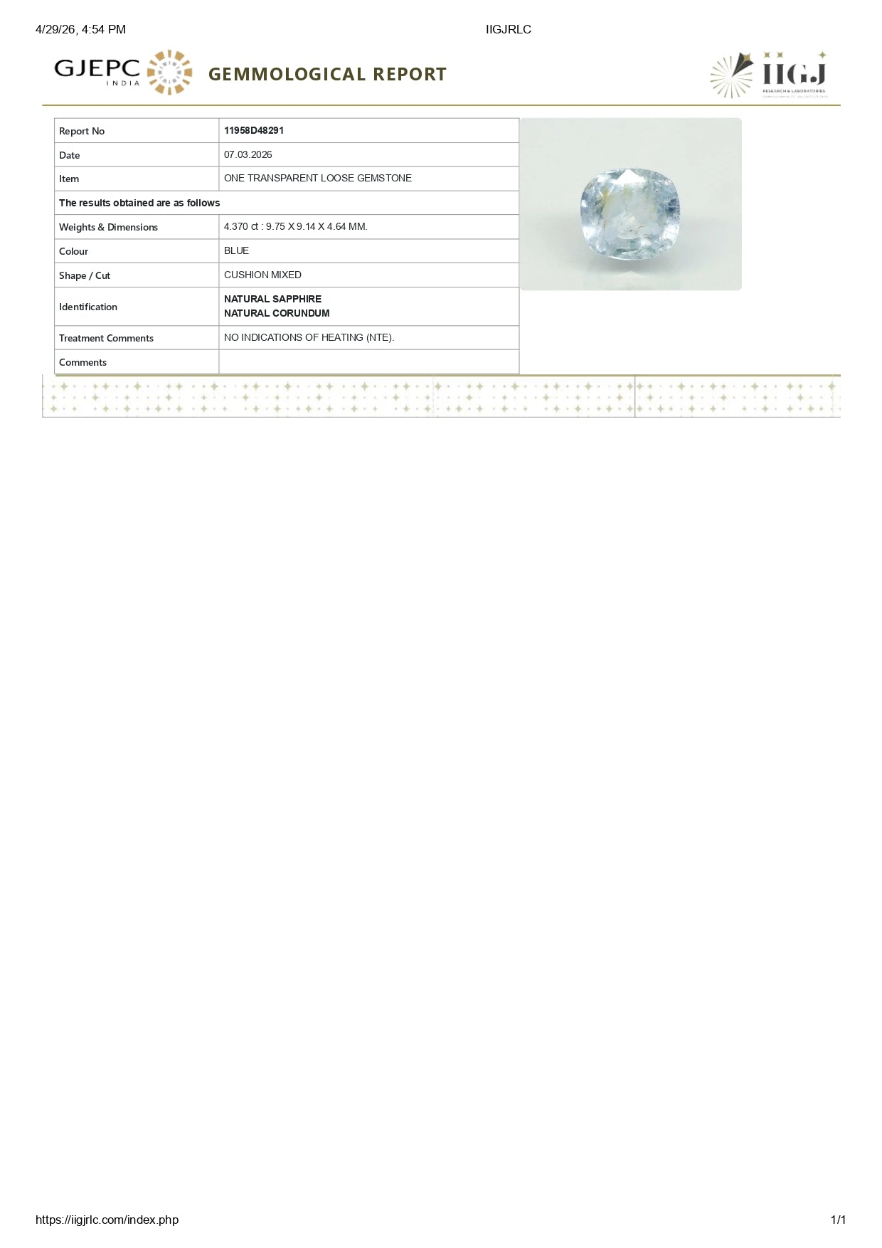 Natural Blue Sapphire (Neelam) 4.37 Carats