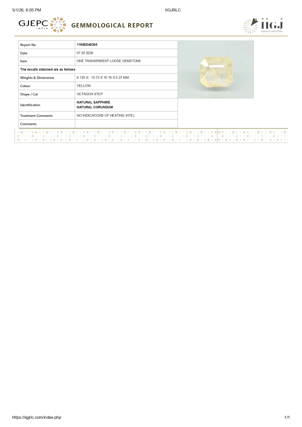 Natural Yellow Sapphire (Pukhraj) 6.12 Carats