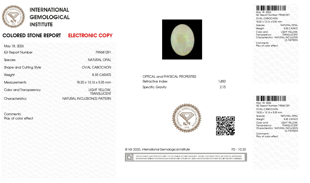 Natural Australian White Fire Opal 8.35 Carats