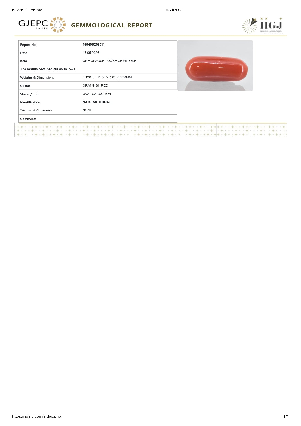 Natural Italian Red Coral (Moonga) 9.12 Carats