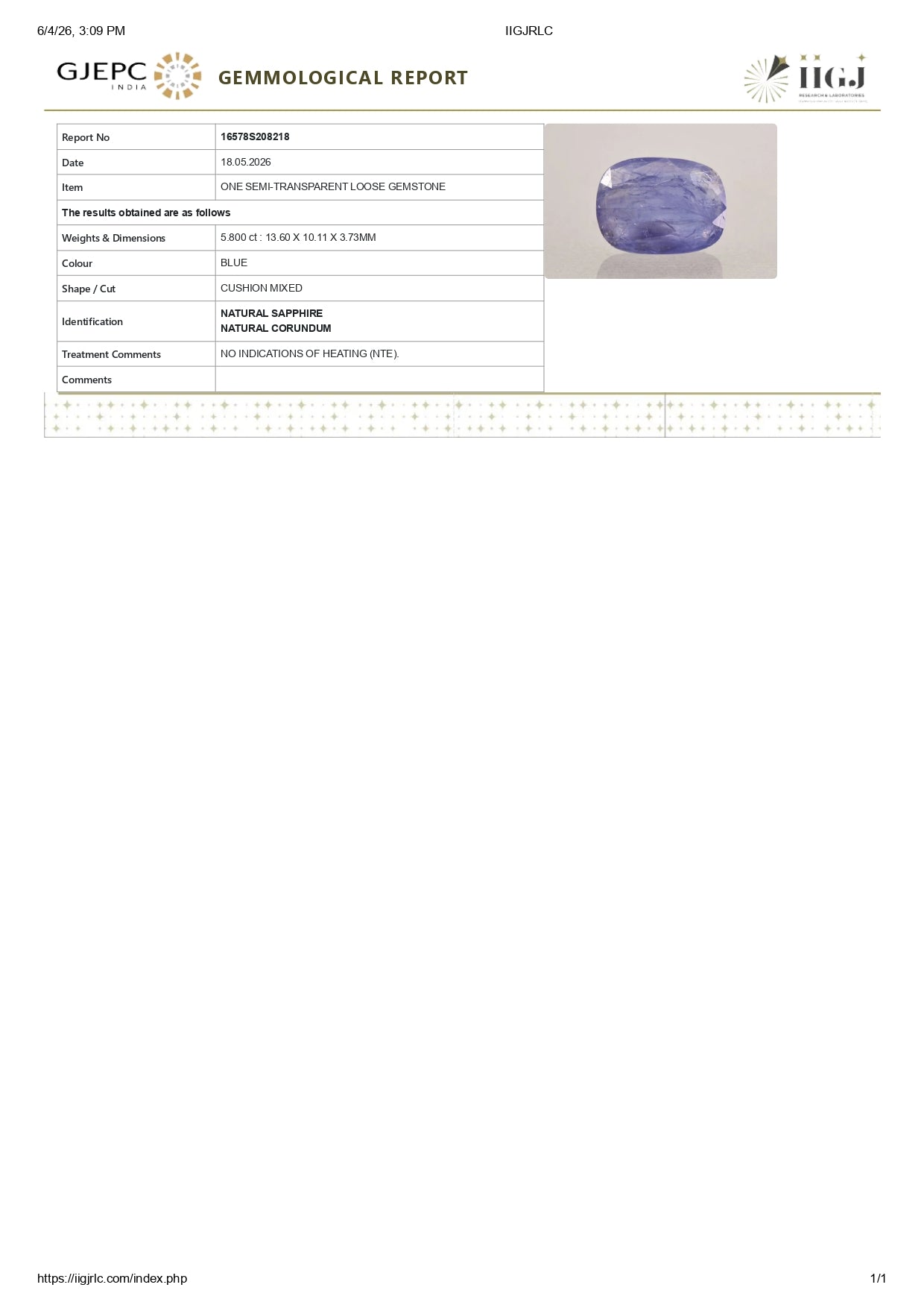 Natural Blue Sapphire (Neelam) 5.80 Carats