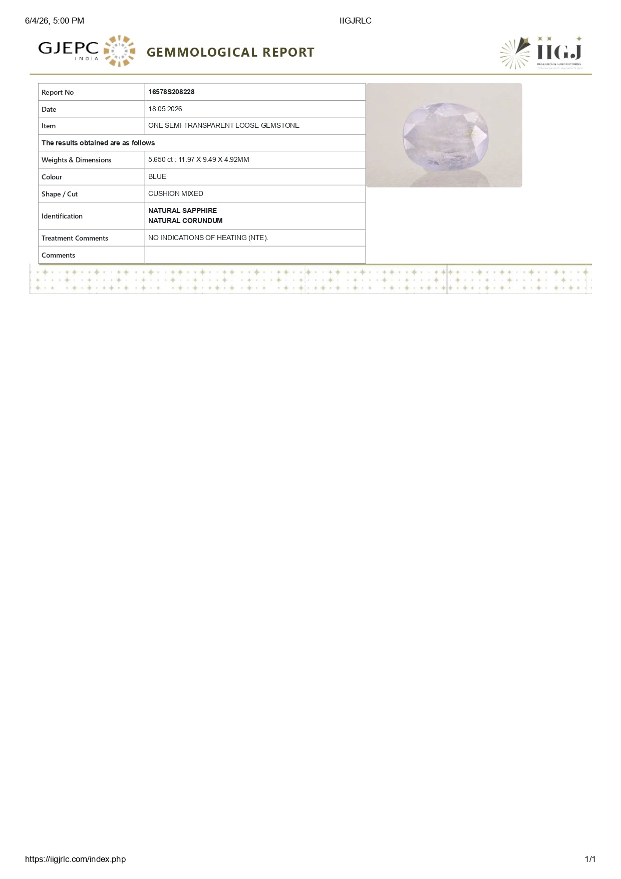 Natural Blue Sapphire (Neelam) 5.65 Carats