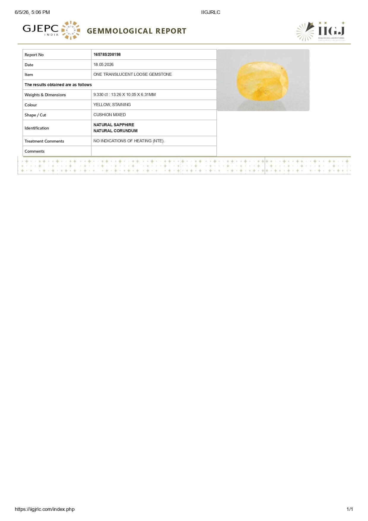 Natural Yellow Sapphire (Pukhraj) 9.33 Carats