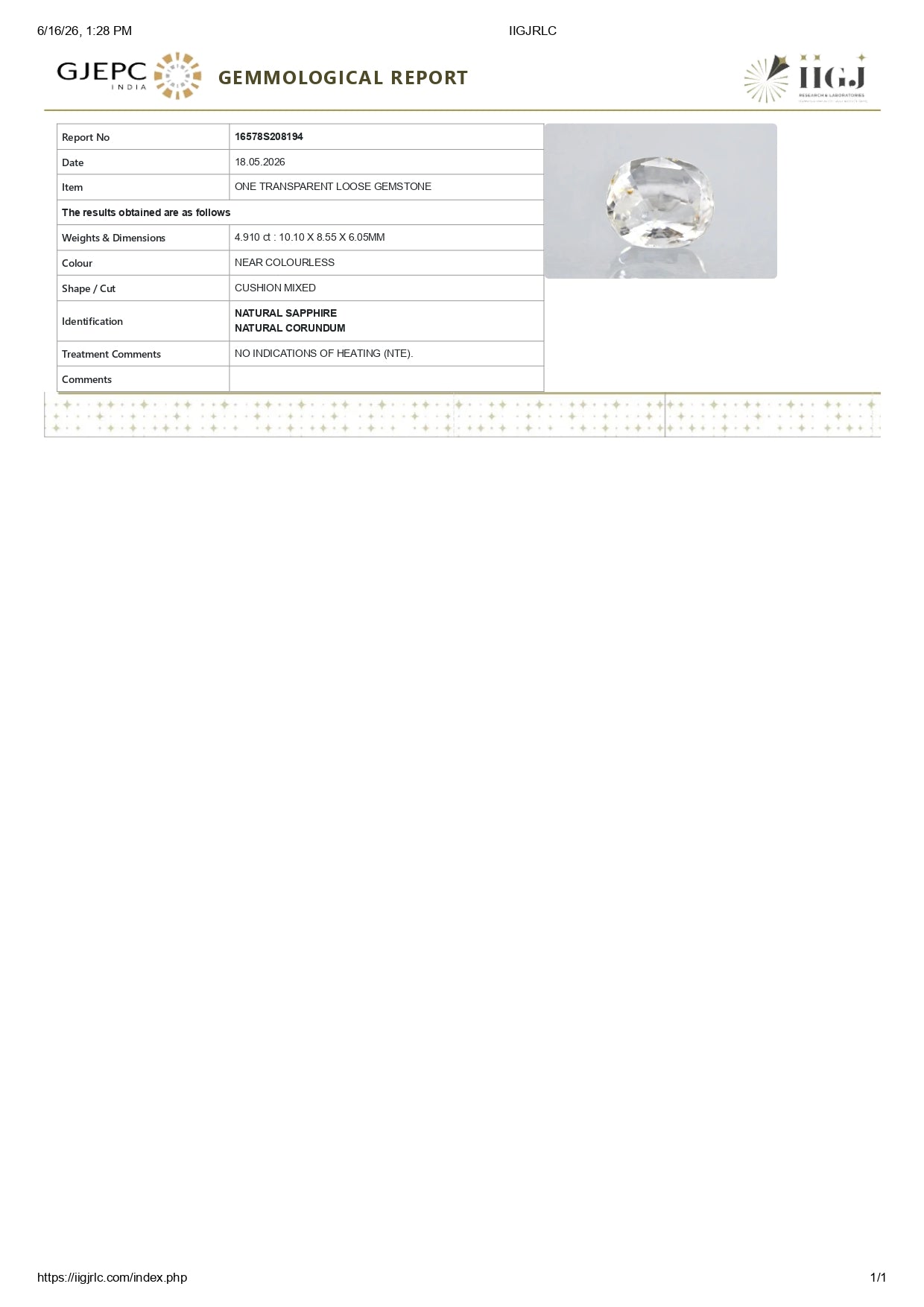 Natural White Sapphire 4.91 Carats