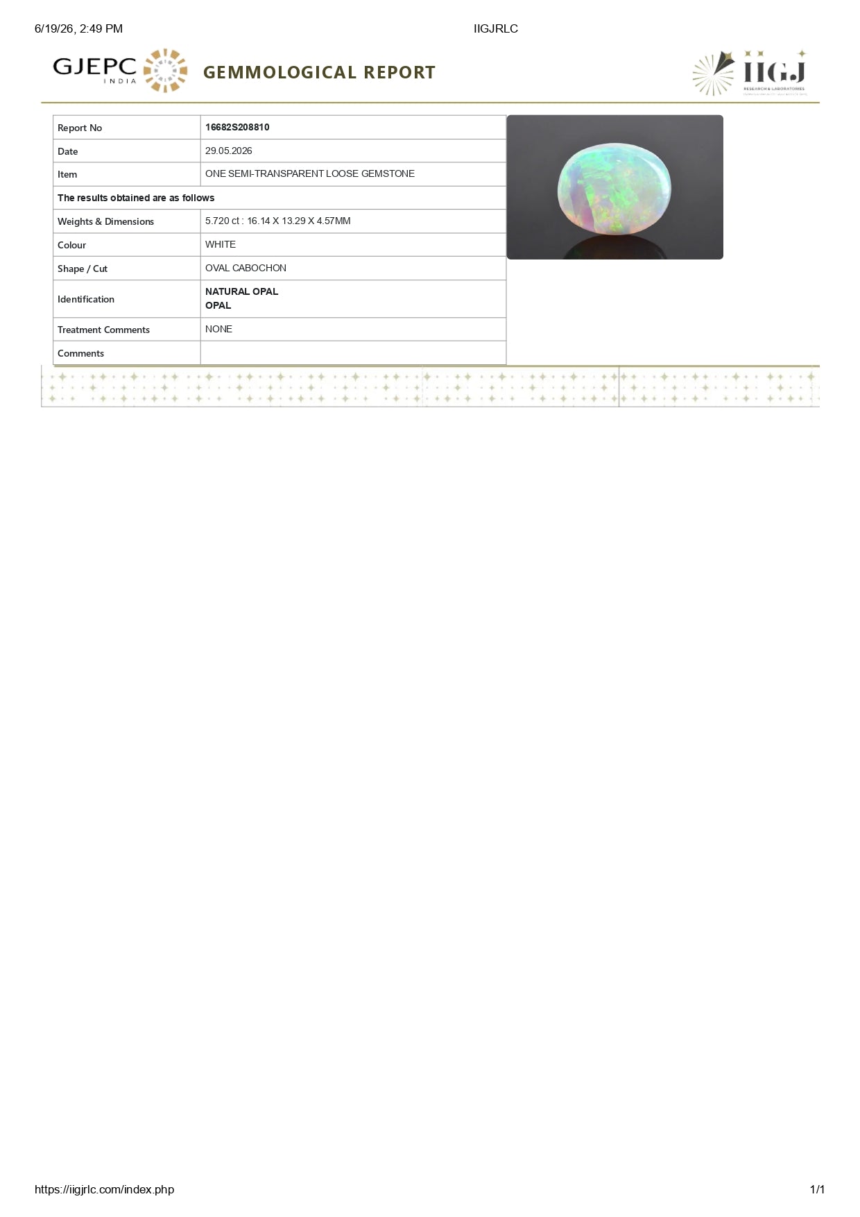Natural Australian White Fire Opal 5.72 Carats