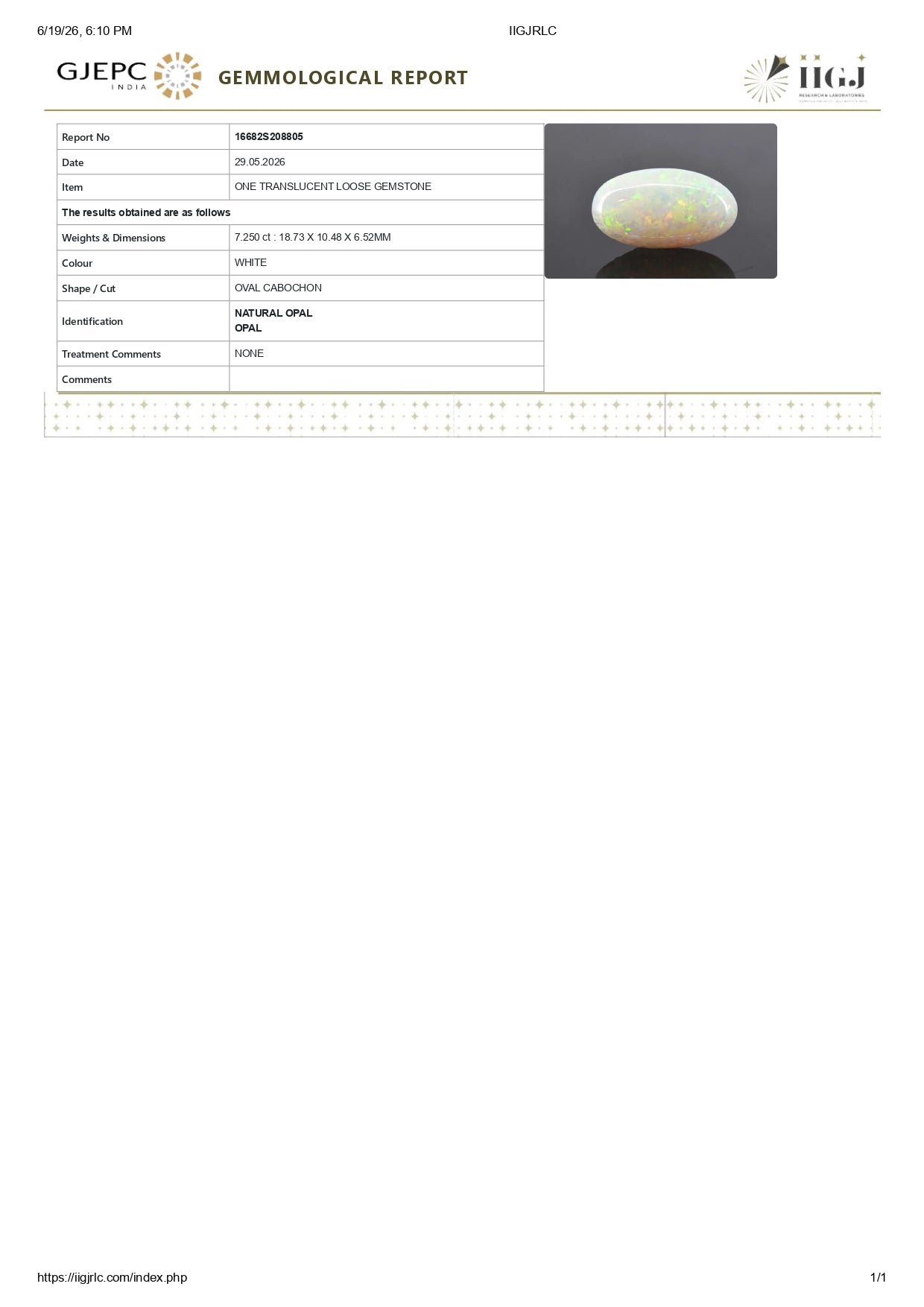 Natural Australian White Fire Opal 7.25 Carats