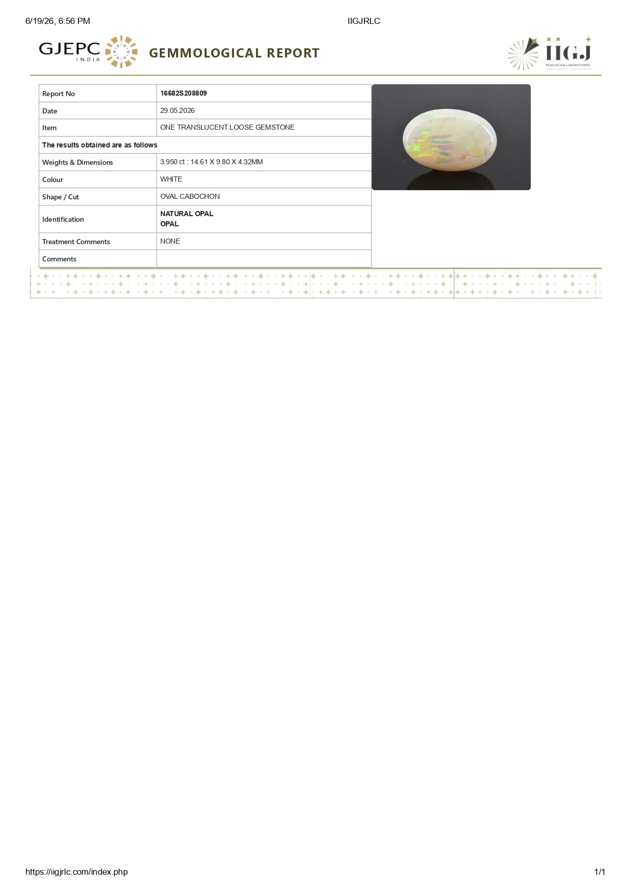 Natural Australian White Fire Opal 3.95 Carats