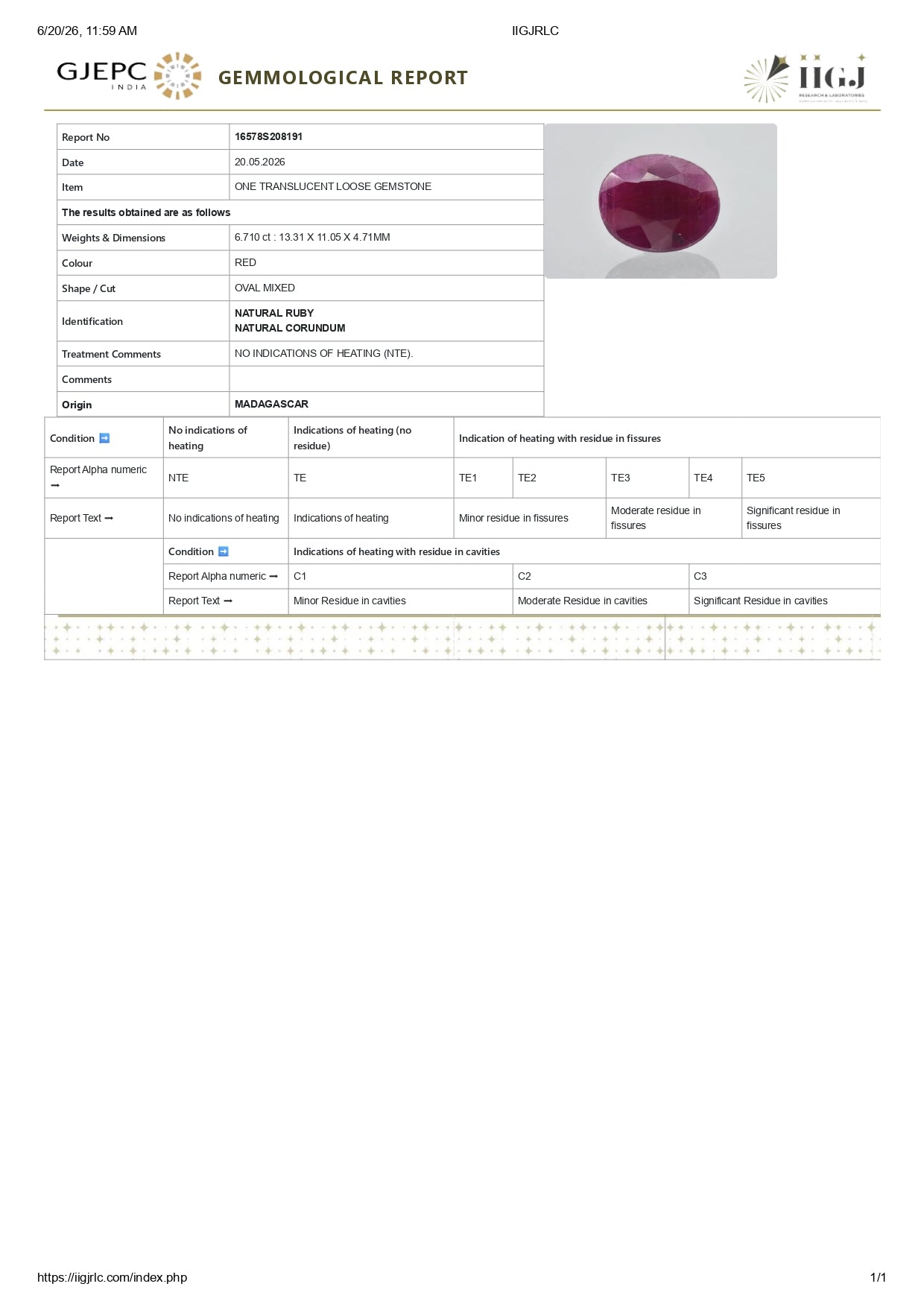 Natural Madagascar Ruby (Manik) 6.71 Carats