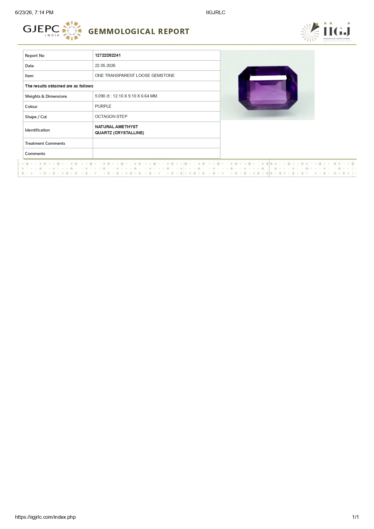 NATURAL AMETHYST 5.09 CARATS.