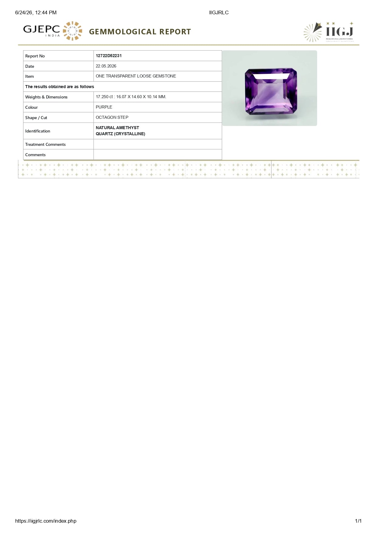 NATURAL AMETHYST 17.25 CARATS.