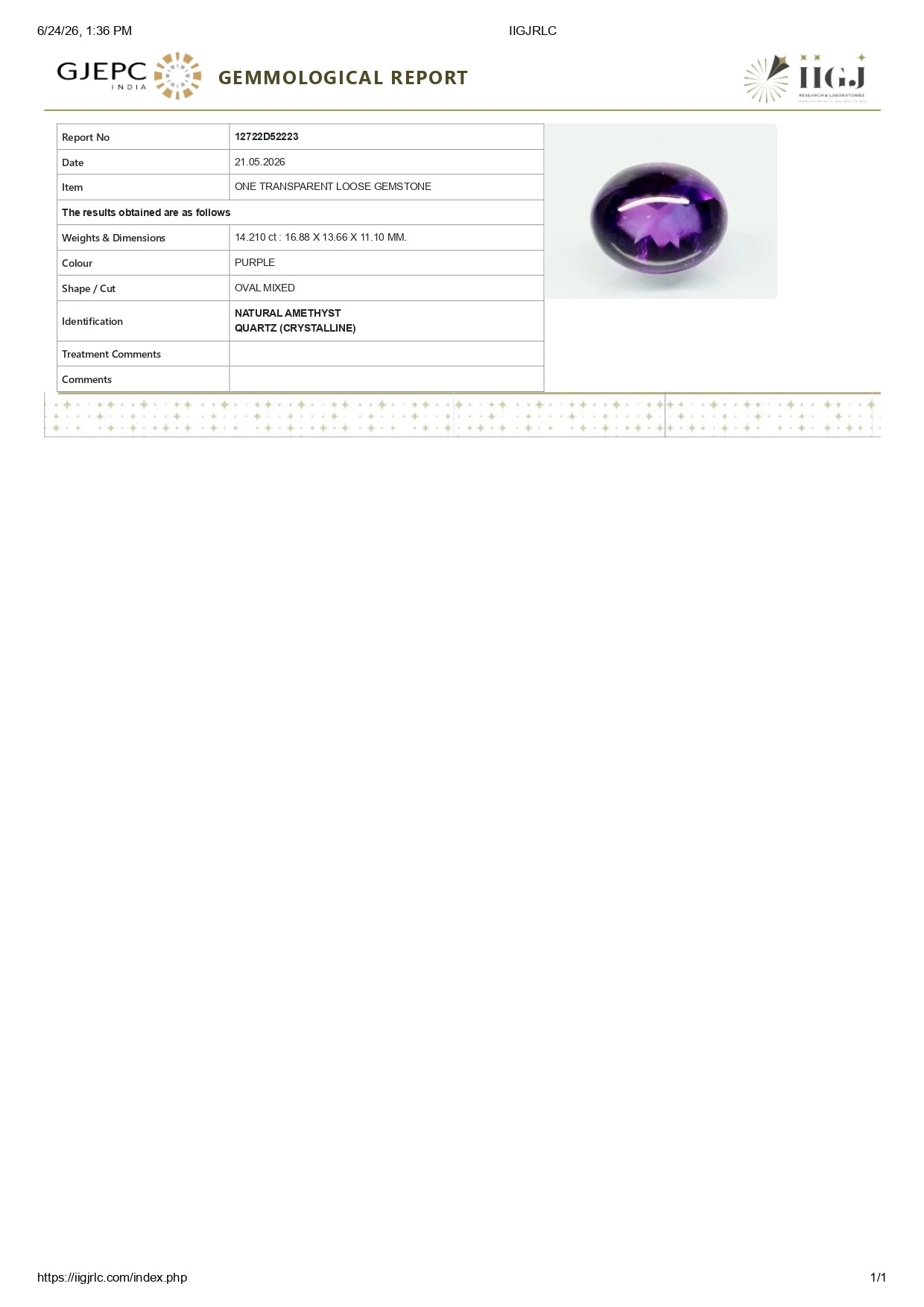 NATURAL AMETHYST 14.21 CARATS