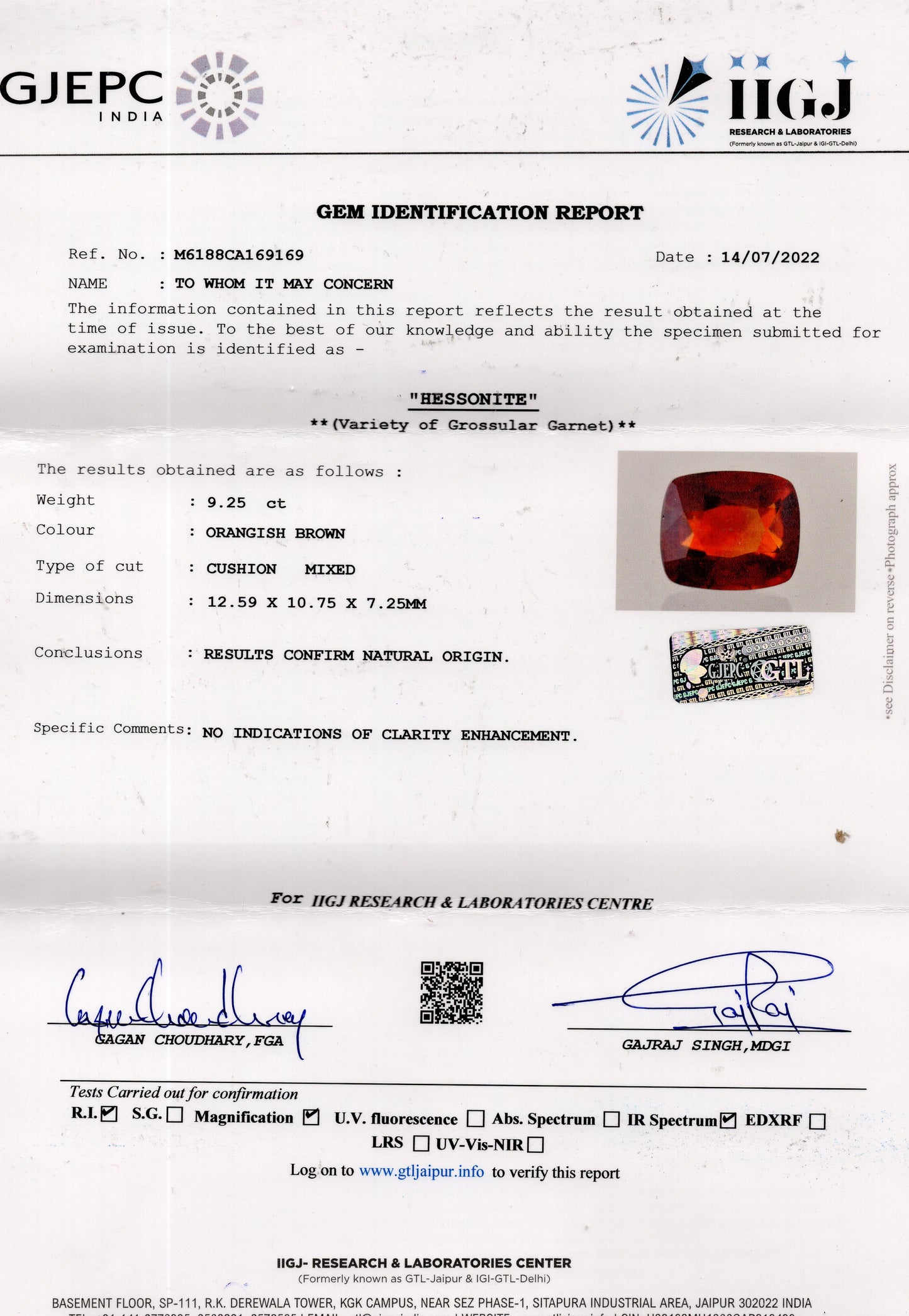 Natural Hessonite (Gomed) 9.25 Carats