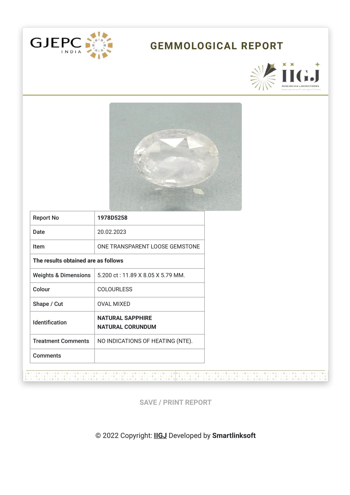 NATURAL WHITE SAPPHIRE 5.20 CARATS