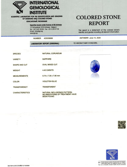 Kashmir Blue Sapphire (Neelam) 4.45 Carats