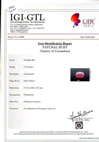 Natural Ruby (Manik) 7.57 Carats