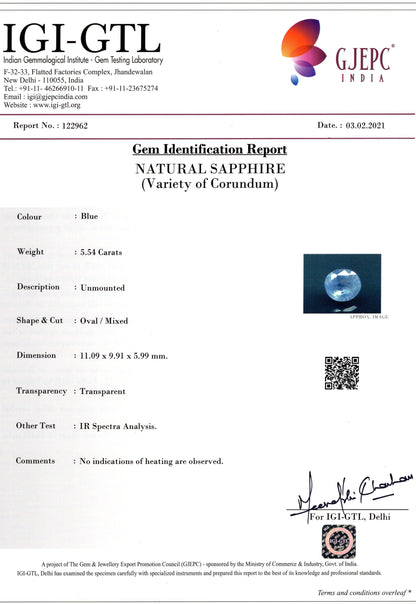 Natural Blue Sapphire (Neelam) 5.54 Carats
