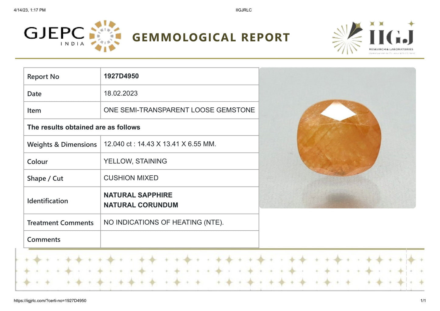 Natural Yellow Sapphire (Pukhraj) 12.04 Carats