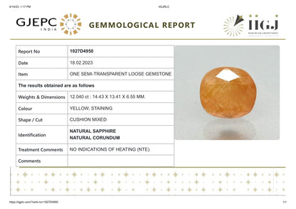 Natural Yellow Sapphire (Pukhraj) 12.04 Carats