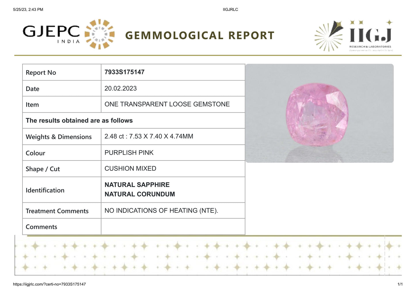 Natural Pink Sapphire 2.48 Carats