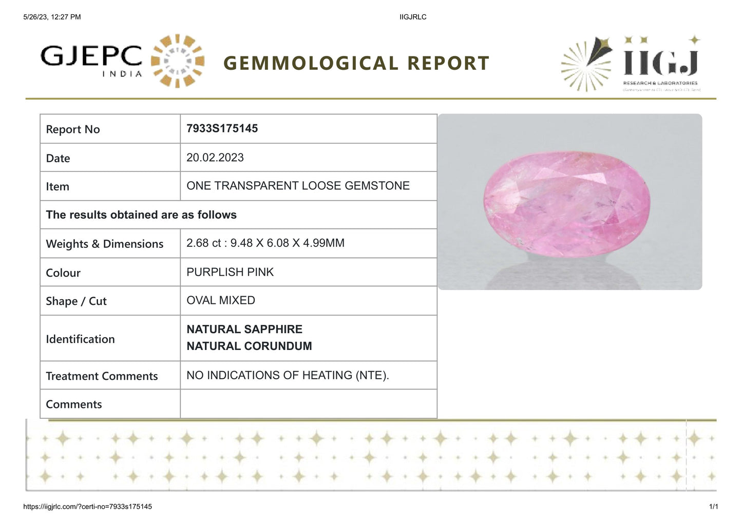 Natural Pink Sapphire 2.68 Carats
