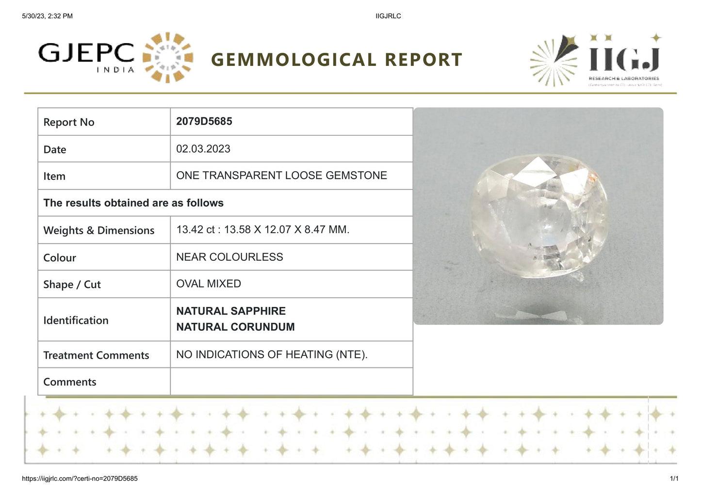 Natural White Sapphire 13.42 Carats